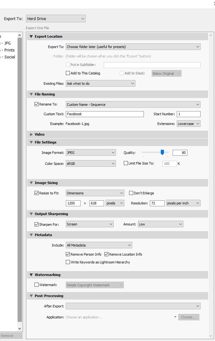 Lightroom export dialog box