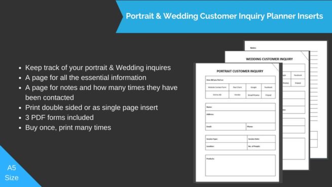 Portrait & Wedding Customer Inquiry Printable Insert